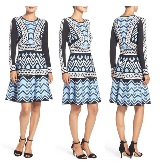 Eliza J Jacquard Flare Long Sleeve Geometric Knit Sweater Dress FREE SHIPPING - Picture 1 of 9